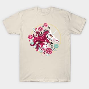 Day Of The Dead Sugar Skull Unicorn With Roses T-Shirt